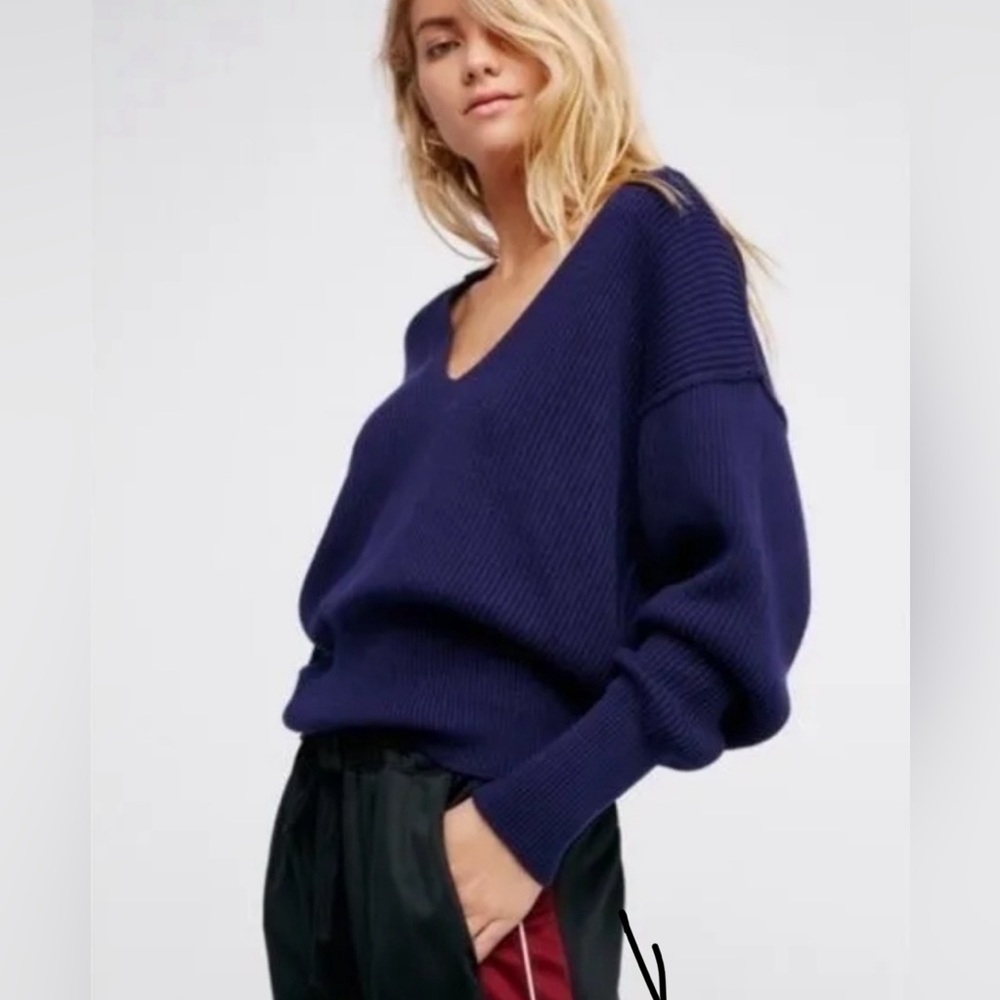 Free People Allure Deep V Neck Sweater Blue Extra Small